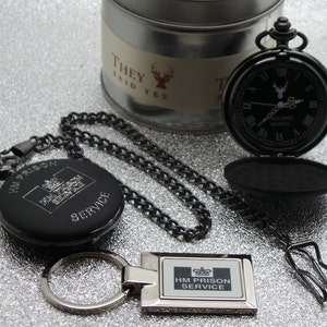Personalised HM PRISON Pocket Watch Engraved Silver Keyring Keychain Luxury Gift Set Warder Jail Warden Probation Police HMP Prisoner Jailer