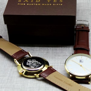 Coat of Arms Leather Engraved Wrist Watch Luxury watch Unisex Mens Gents Ladies Personalised with Family Crest Genuine Brown Leather Strap