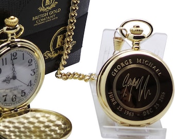 Signed George Michael 24k Gold Plated Pocket Watch in Luxury Gift box Case Full Hunter With Matching Chain Engraved Signature Music Fans