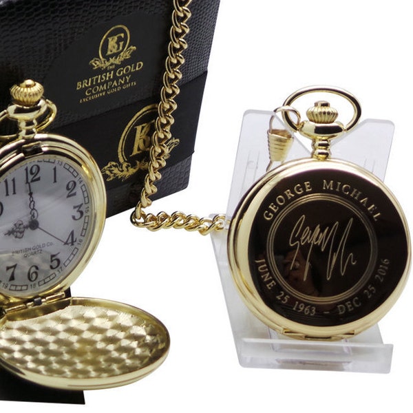 Signed George Michael 24k Gold Plated Pocket Watch in Luxury Gift box Case Full Hunter With Matching Chain Engraved Signature Music Fans