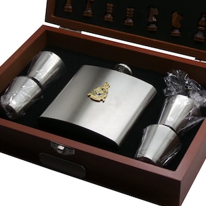 Personalised Royal Marines Hip Flask Chess Set Engraved Wooden Gift Case Steel Silver Metal Emblem Luxury Military Navy RM Gifts Custom Made