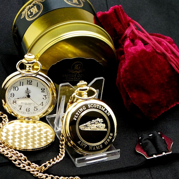 Flying Scotsman Gold Personalised Pocket Watch Custom Engraved Steam Engine Train Railway Locomotive Gifts Luxury Metal Case Gift Set Trains