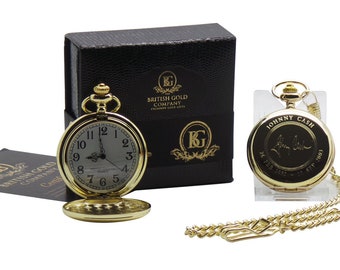 Reloj de bolsillo personalizado con chapa de oro de 24 quilates firmado por Johnny Cash. Estuche de regalo. Autógrafo grabado. Artículos de recuerdo de lujo para fanáticos de la música. Hombre de negro.