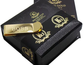 BOSS 24K GOLD Clad Money Clip Cash Card Holder 24K Plated in Luxury gift box Free Engraving Engraved Monogrammed Custom Personalised Gifts