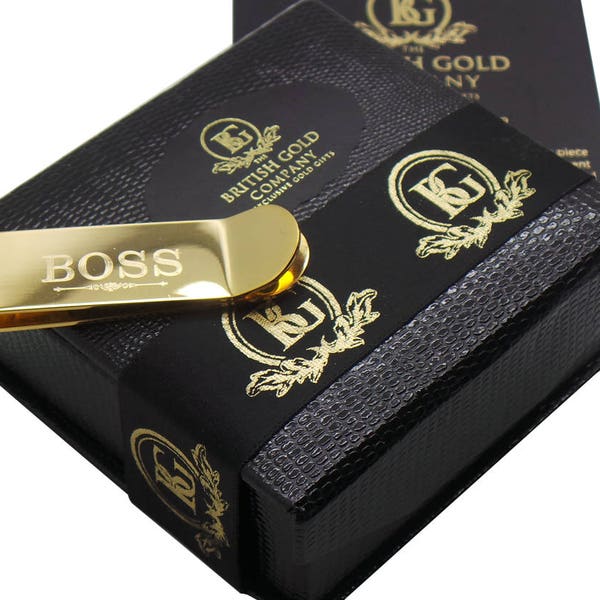 BOSS 24K GOLD Clad Money Clip Cash Card Holder 24K Plaqué dans une boîte cadeau de luxe Gravure gratuite Monogrammé Personnalisé Cadeaux Personnalisés