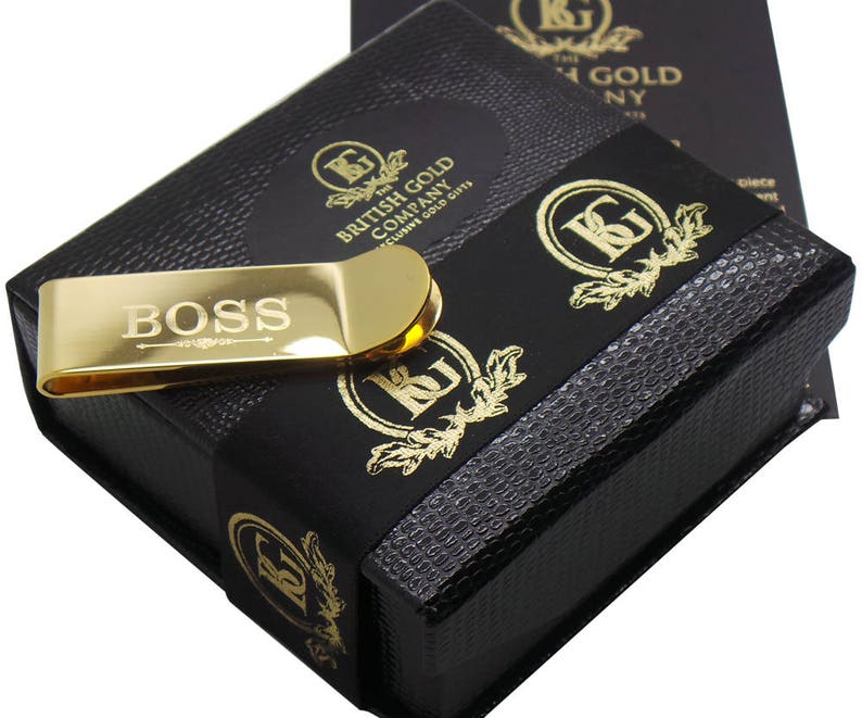 BOSS 24K GOLD Clad Money Clip Cash Card Holder 24K Plated in Luxury gift box Free Engraving Engraved Monogrammed Custom Personalised Gifts image 1