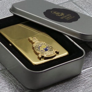 Royal Marines Personalised  Engraved  Cigarette Lighter Gold with Custom made Crest badge in metal gift case  Military Gifts RM Royal Navy