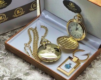 Engraved RAF 24k Gold Plated Personalised Pocket Watch and Keyring in Luxury Case Gift Set Full Hunter with chain Royal Air Force Military