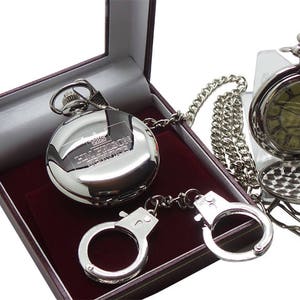 HM PRISON  Silver Plated Pocket Watch and Handcuffs Keyring Keychain Luxury Gift Set Warder Jail Warden Probation Police Prisoner