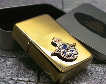 RAF Personalised  Engraved  Cigarette Lighter Gold with Custom made British Crest badge in metal gift case Royal Air Force  Military Gifts