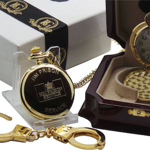 HMP PRISON Gold Personalised Pocket Watch and Handcuffs Keyring Keychain 24k Gold Clad Luxury Gift Set Warder Jail Warden Police Prisoner HM