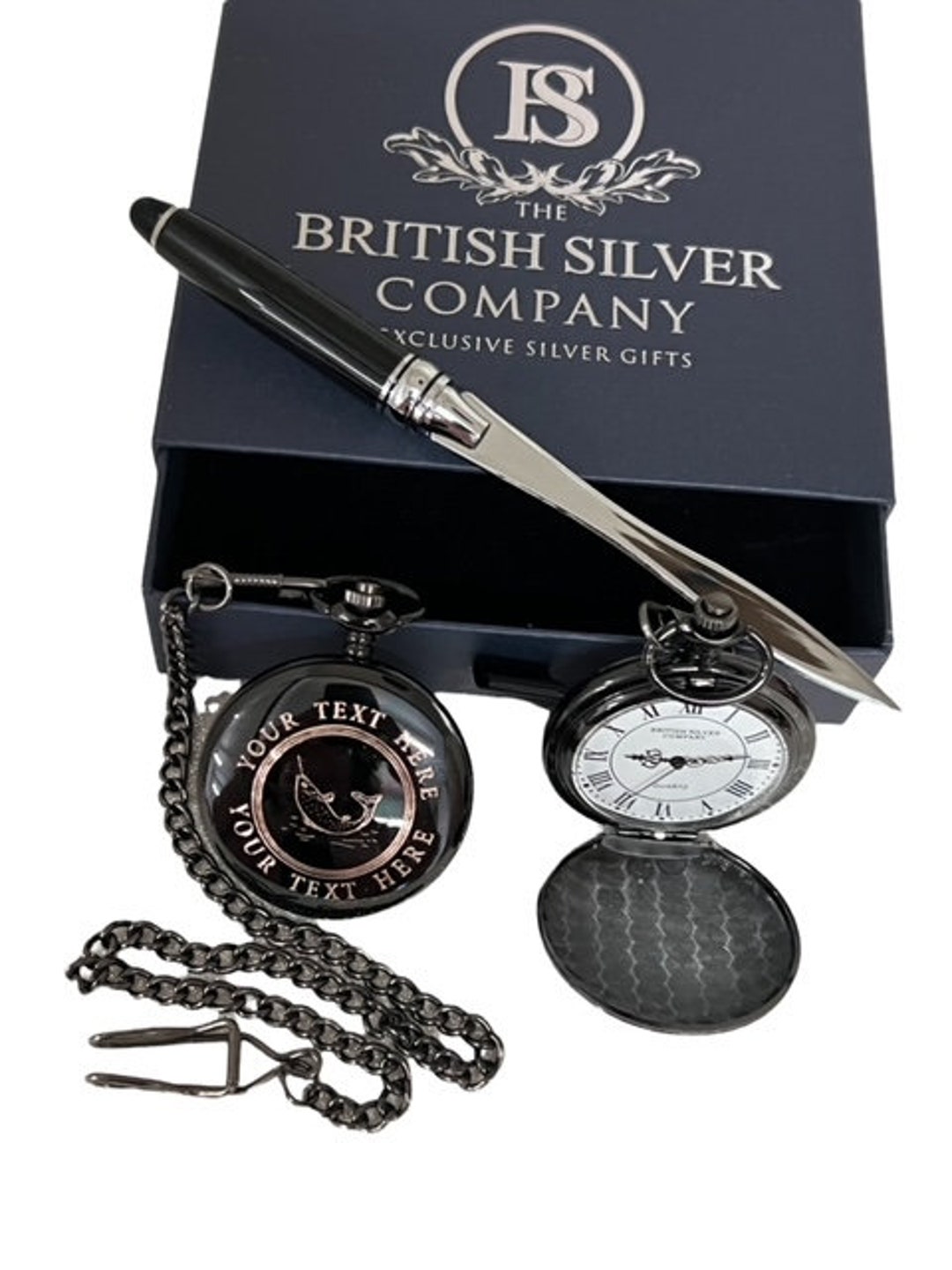 Personalised Fishing Pocket Watch and Chain in Gloss Black Engraved