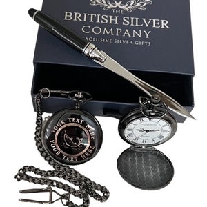 Personalised Fishing Pocket Watch and chain in Gloss Black Engraved Gift Set Luxury Gift Case with Silver Letter Opener Fish Fisher Angler