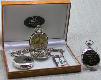 Freemason Engraved Personalised Masonic Pocket Watch and Keyring Luxury Gift Set Case Certificate Any Lodge  Custom Engraved