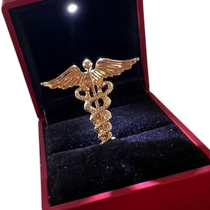 Könnte beinhalten: Ein goldfarbener Caduceus-Ansteckpin, der zwei Schlangen zeigt, die sich um einen Stab mit Flügeln winden, präsentiert in einer offenen roten Schatulle mit schwarzem Samtfutter. Ein kleines Licht scheint von oben und beleuchtet den Pin.