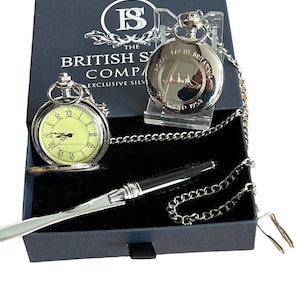 Royal Yacht Britannia Pocket Watch and chain in Silver Engraved Gift Set Gift Set with Silver Letter Opener 1953 British Queen Ship HMY