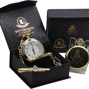 Reloj de bolsillo masones 24k revestido de oro corbata clip conjunto de regalo Masónico personalizado grabado personalizado de lujo El nombre del regalo se puede grabar en la parte posterior