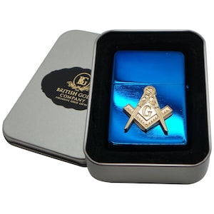 Masonic Lighter Personalised Cigarette BBQ Cigar in Metal Gift Case Custom Engraved Freemasons Gold Emblem Any Lodge Brotherhood Compass