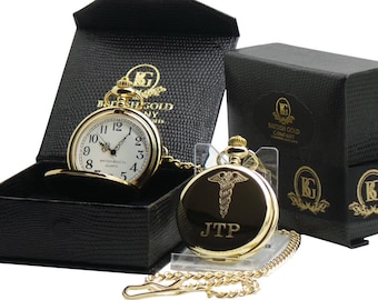 Medical Symbol Caduceus Gold Plated Pocket Watch in Luxury gift  box Free Engraving Engraved Monogrammed Custom Name Doctor Nurse Dentist