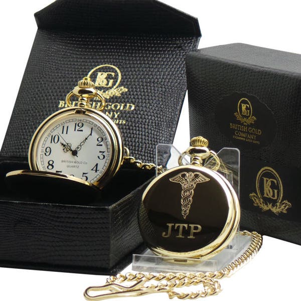 Medical Symbol Caduceus Gold Plated Pocket Watch in Luxury gift  box Free Engraving Engraved Monogrammed Custom Name Doctor Nurse Dentist