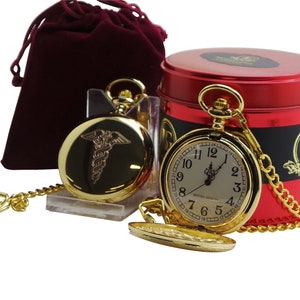 Medical Symbol Caduceus Gold Pocket Watch Luxury gift case Engraving Engraved Monogrammed for Doctor Nurse Dentist Paramedic Ambulance