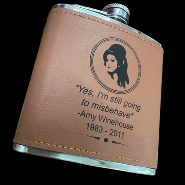 Amy Winehouse Leather Hip Flask Engraved Quote in Gift Box Spirit Whiskey Spirits Engraving Drinking Music Memorabilia Chrome over Steel