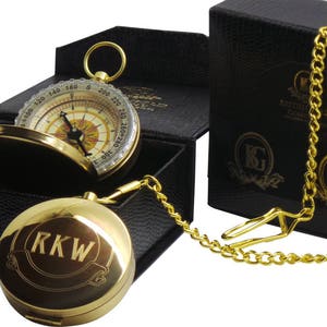 Gold Brass Compass Engraved Personalized Personalised in Gift Case with Pocket Chain in Luxury Gift Case Walking Hiking Travel Camping Gifts