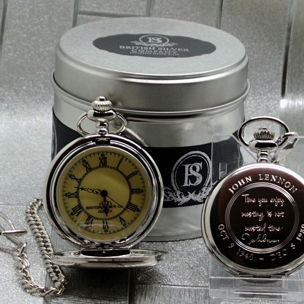 Signed John Lennon Time Quote Pocket Watch  Luxury Gift for fans of The Beatles Full Hunter and Chain in Metal Gift Case Fan Memorabilia