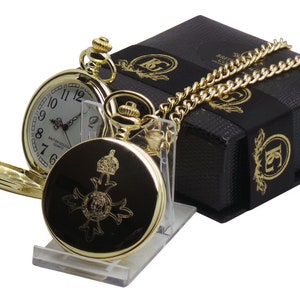 OBE MBE Medal Crest 24k Gold Plated Pocket Watch  and chain in Luxury Case Gifts engraved
