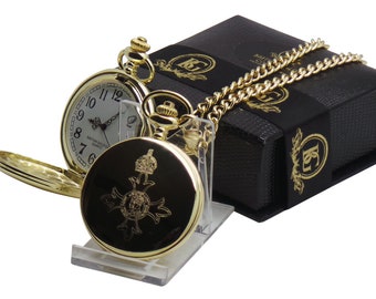 OBE MBE Medal Crest 24k Gold Plated Pocket Watch  and chain in Luxury Case Gifts engraved