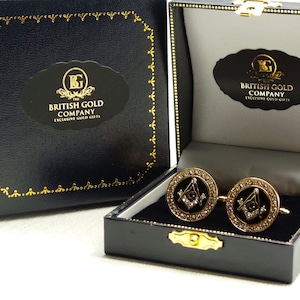 Ensemble de luxe de boutons de manchette en cristal doré franc-maçon pour maçonniques, tous les boutons de manchette de loge de la confrérie dans un coffret luxueux, cadeaux en boîte de boussole
