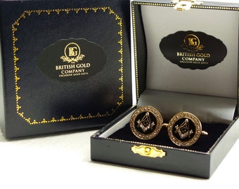 Freemason Gold Crystal Cufflinks Luxury Set for Masonic any Lodge Cuff Links Brotherhood Luxurious Cased Freemasons Compass Boxed Gifts