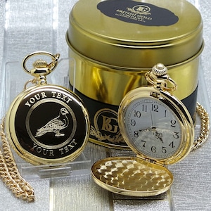 Relógio de bolso de pombo gravado 24k folheado a ouro e corrente em caixa de metal de luxo, chamariz de tiro de corrida, fancier, homing, pássaro, presentes personalizados