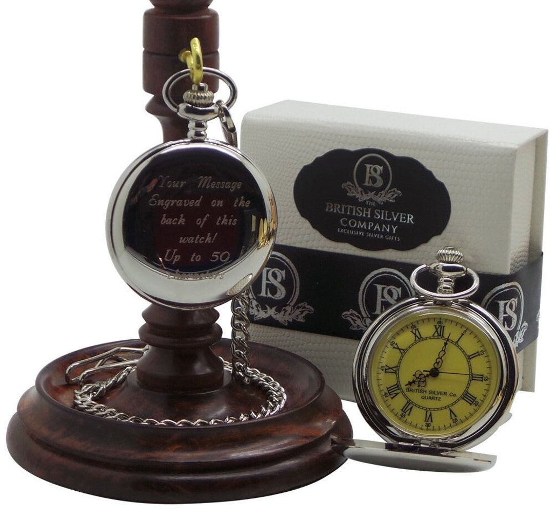 Personalised Pocket Watch and Luxury Wooden Display Stand Holder - Main Image