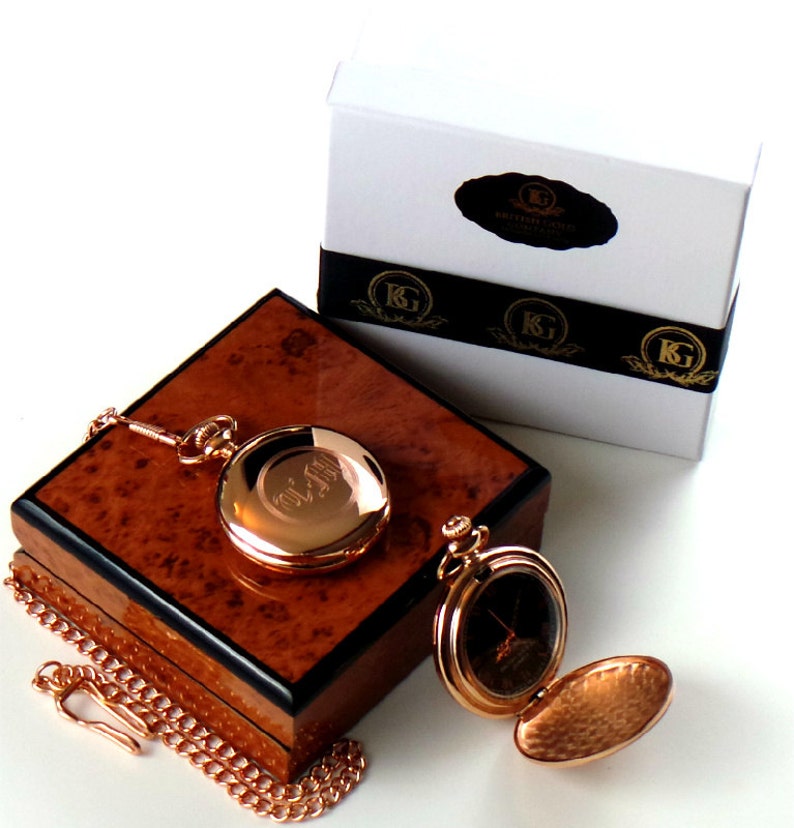 Free Engraving Monogram Custom 18k Rose Gold Plated Pocket Watch Custom Engraved Old English Luxury Wooden Gift box Case with Certificate image 2