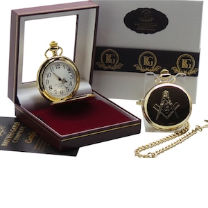 Reloj de bolsillo de masones grabado con revestimiento de oro de 24 quilates Grabado personalizado masónico Nombre de regalo de lujo Lodge se puede grabar en la parte posterior Gratis