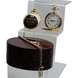 Reloj de bolsillo de boda grabado, reloj de bolsillo dorado, caja de madera de lujo, regalo para padrinos de boda, grabado personalizado, padre de la novia, padrino, acomodador, novio.