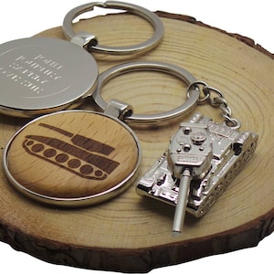 Porte-clés en bois pour char de l'armée et char blindé en argent personnalisé Porte-clés gravé sur mesure, boîte de luxe, cadeaux militaires américains britanniques
