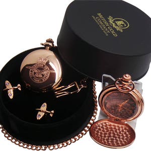 Orologio da tasca in oro rosa della RAF e gemelli dell'aereo Spitfire, confezione regalo di lusso, stemma inciso personalizzato, set regalo militare della Royal Air Force