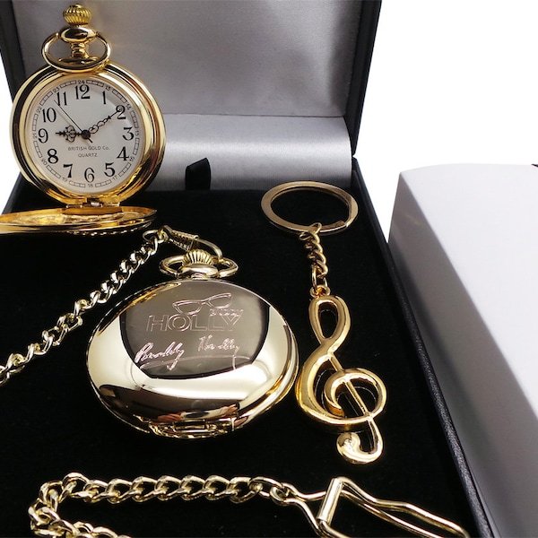Signed Buddy Holly  24k Gold Clad Pocket Watch Signature Autograph and Musical Note  Keyring Keychain Luxury Gift Case with Certificate