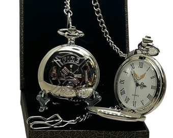 Fire and Rescue Pocket Watch SILVER Luxury Gift Box Brigade Fireman Firefighter Crest Logo Fire  Dept Emblem Custom Engraved Personalised