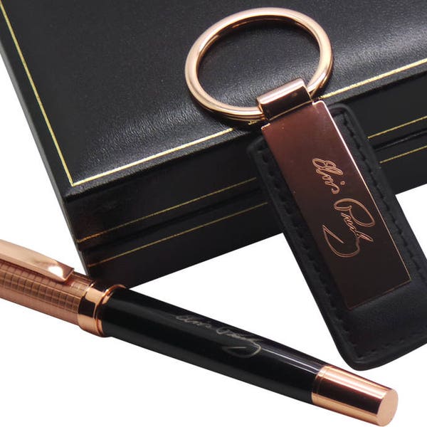 Luxury Pen 18k Rose Gold clad Executive and Keychain Keyring Ballpoint Name Initials Monogrammed Custom Engraved Gift Box and Certificate