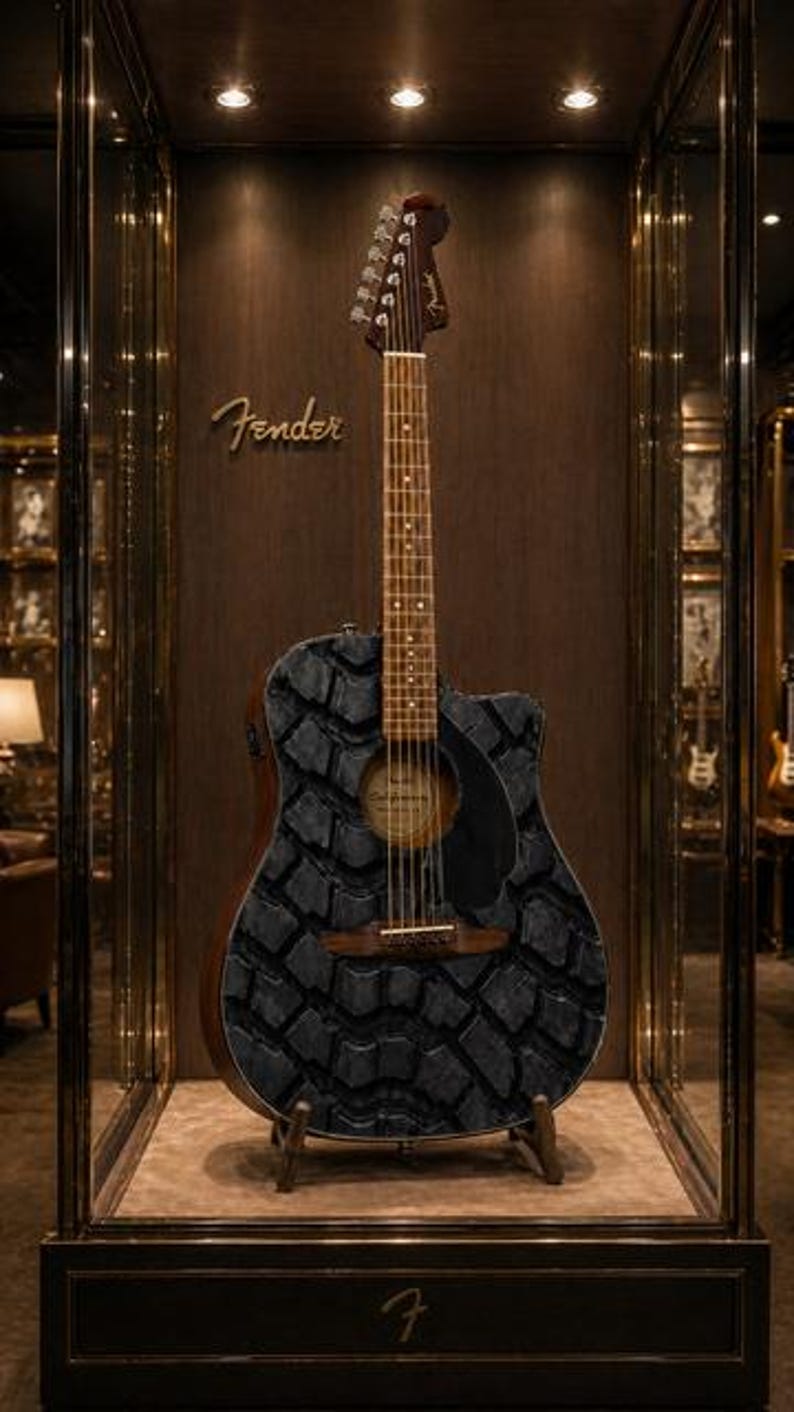 K&ouml;nnte beinhalten: Akustikgitarre mit einem einzigartigen schwarzen Steinmuster auf dem Korpus, pr&auml;sentiert in einer Glasvitrine. Das Fender-Logo ist auf der Kopfplatte und dem Holzgrund zu sehen. Die Gitarre hat einen dunkelbraunen Hals und ein schwarzes Schlagbrett.