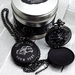 Citroen 2CV Black Pocket Watch Luxury Metal Gift Case Classic Retro model Engraved Personalised 2 CV Classic Cars Auto Memorabilia Gifts