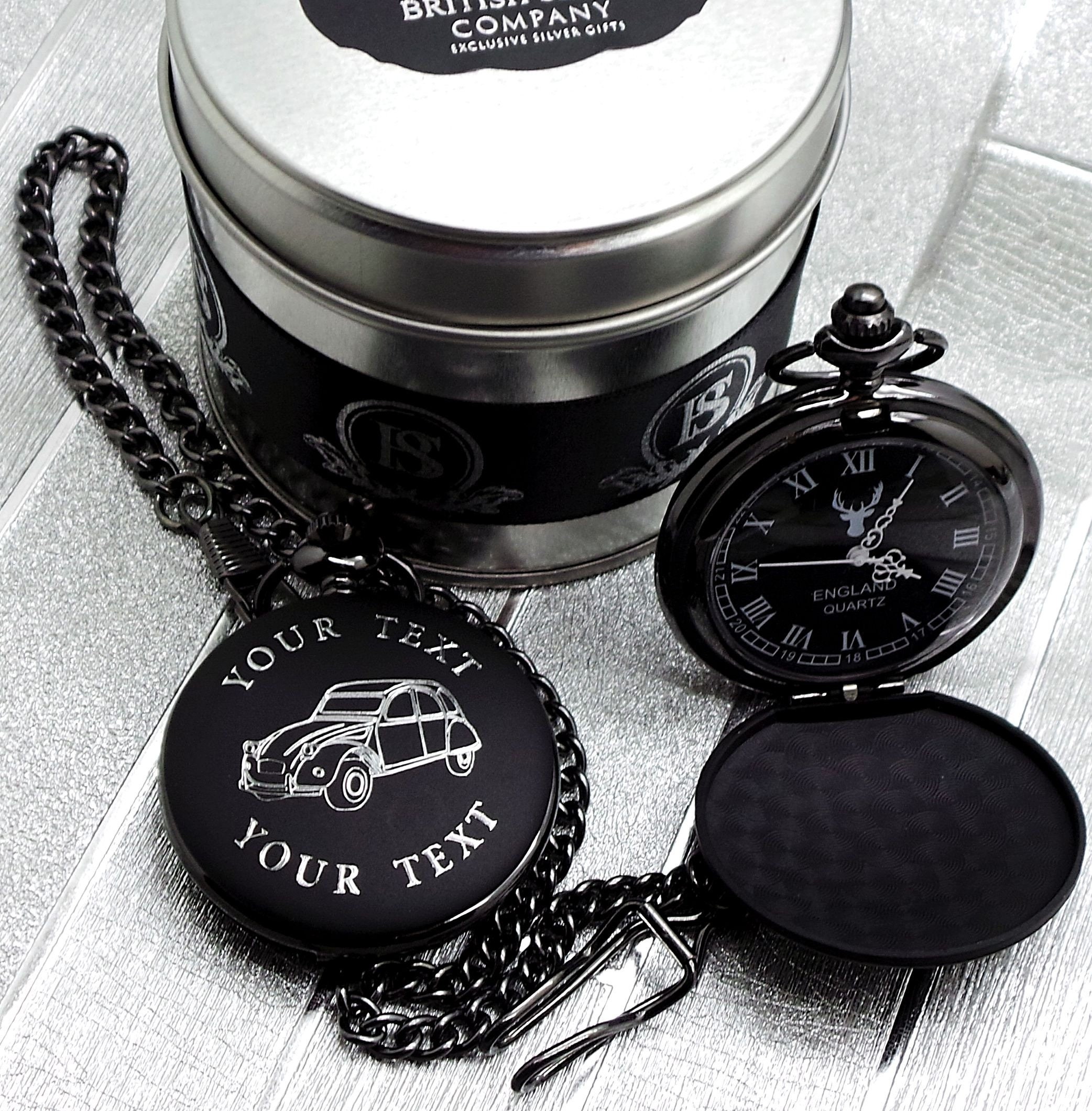 Citroen 2CV Black Pocket Watch Luxury Metal Gift Case