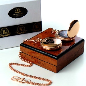 Free Engraving Monogram Custom 18k Rose Gold Plated Pocket Watch Custom Engraved Old English Luxury Wooden Gift box Case with Certificate image 1