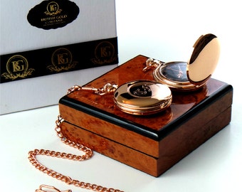 Free Engraving Monogram Custom 18k Rose Gold Plated Pocket Watch Custom Engraved Old English Luxury Wooden Gift box Case with Certificate