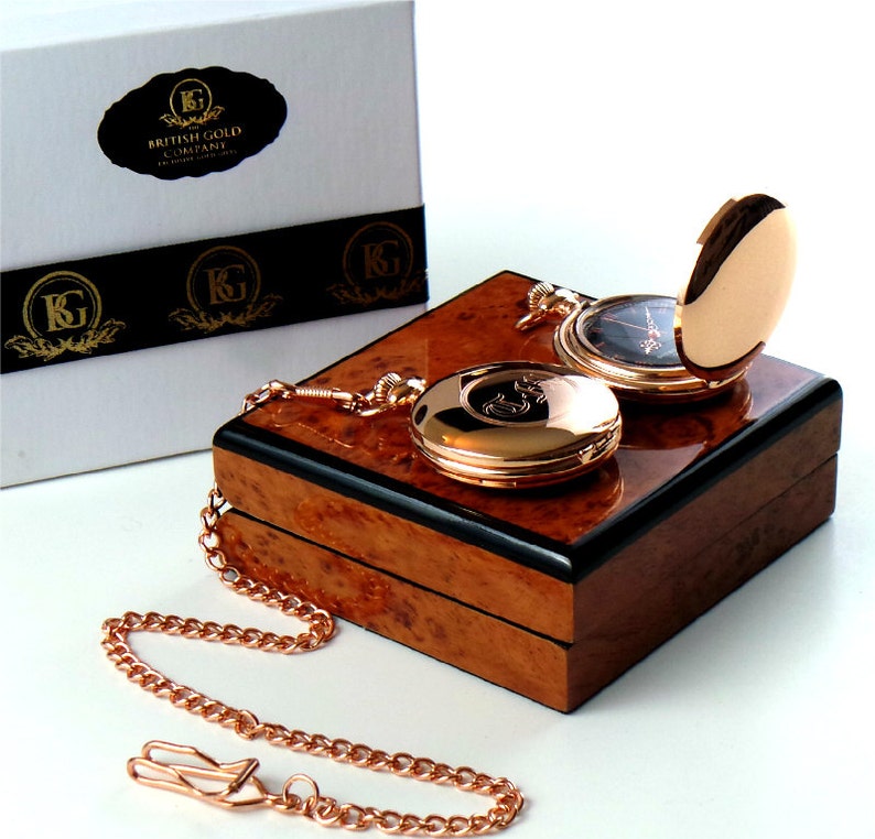 Free Engraving Monogram Custom 18k Rose Gold Plated Pocket Watch Custom Engraved Old English Luxury Wooden Gift box Case with Certificate image 1