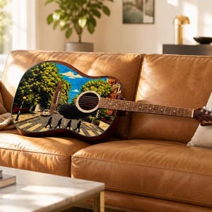 Puede incluir: Guitarra ac&uacute;stica con una imagen colorida de Abbey Road en el cuerpo, apoyada en un sof&aacute; de cuero marr&oacute;n. La guitarra tiene un m&aacute;stil y clavijero marrones, y un logotipo de Fender. Una almohada y una manta beiges tambi&eacute;n est&aacute;n en el sof&aacute;.