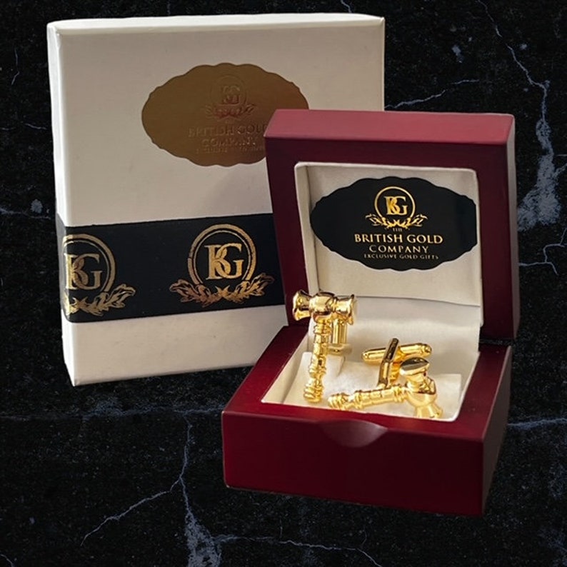 Gavel Gold Cufflinks Gifts forJudge Auctioneer Law Lawyer Police CEO Boss 24k Gold Clad Luxury Wooden Gift Case Hammer Solicitor Graduate image 2